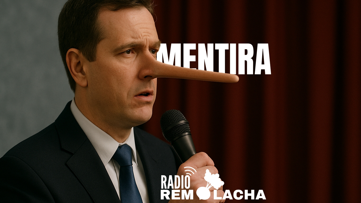 Se observa un gran mentiroso con su nariz larga. Parece ser un político o alguien importante a punto de hablar por un microfono