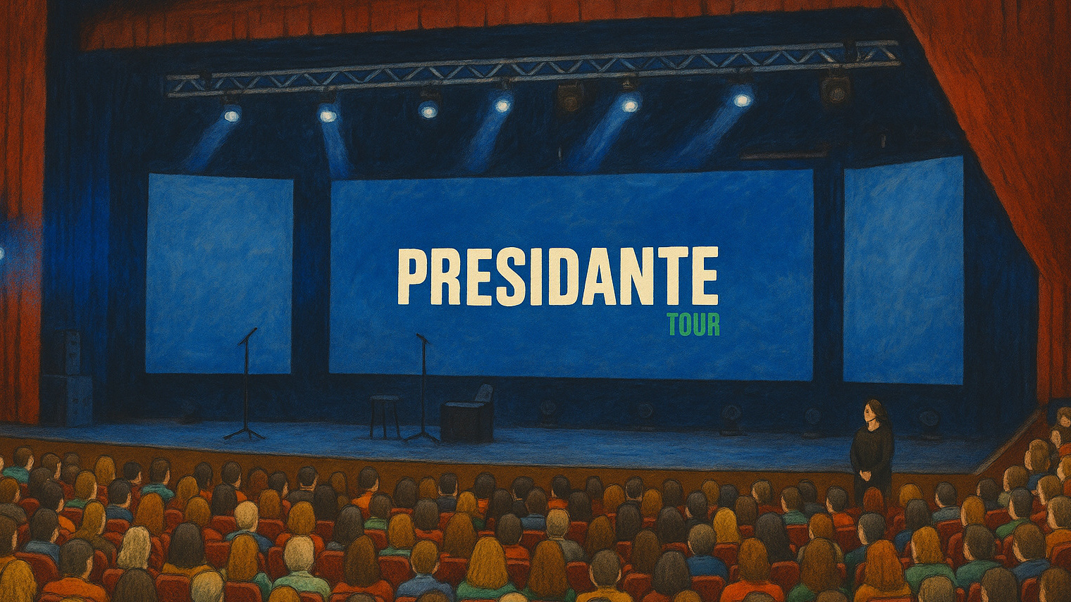 Se observa el telón del escenario donde se presentará Presidante, y repleto de público
