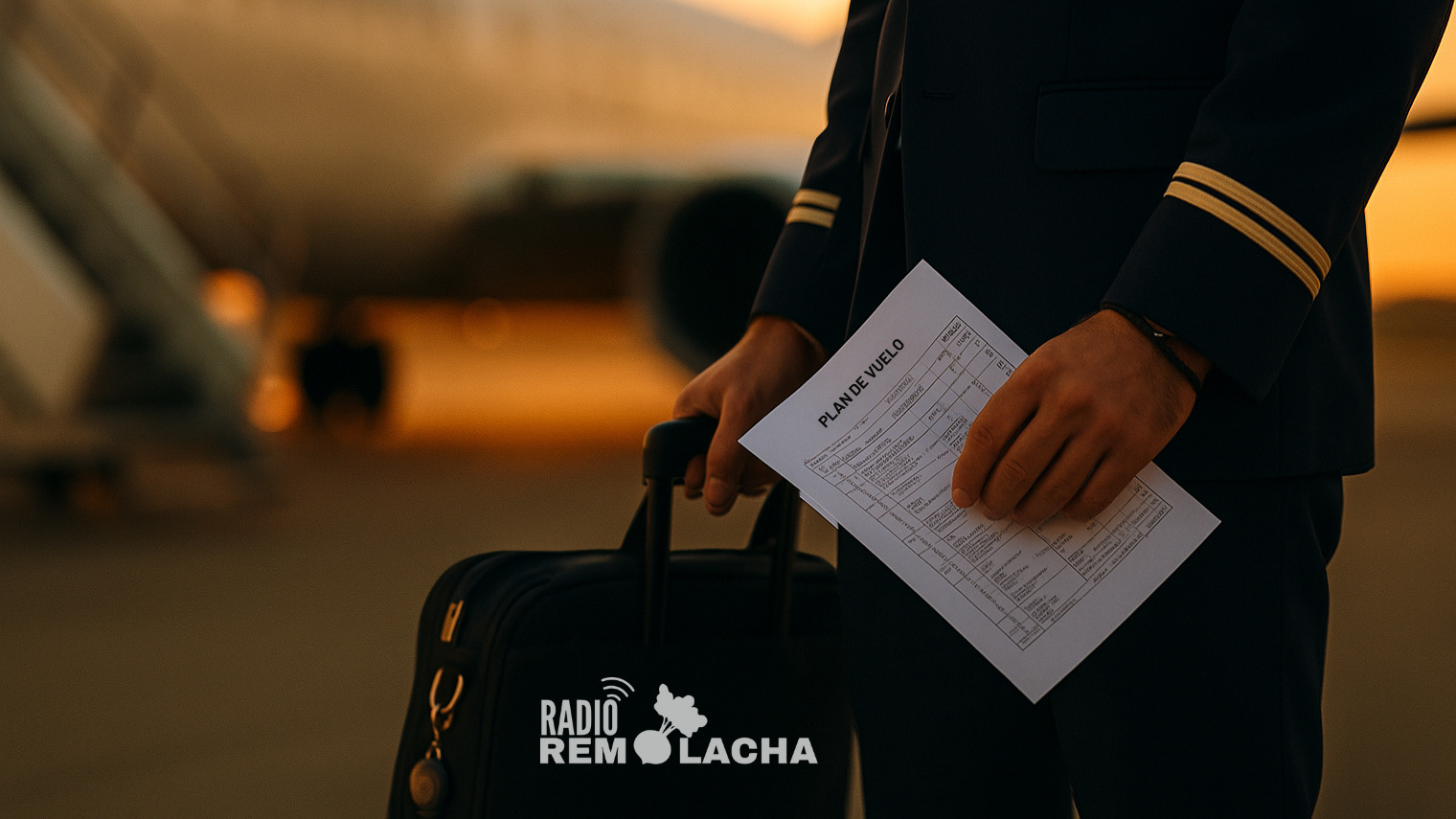 Un piloto a punto de subir a su avión trae consigo un equipaje de mano, pero principalmente su Plan de vuelo.