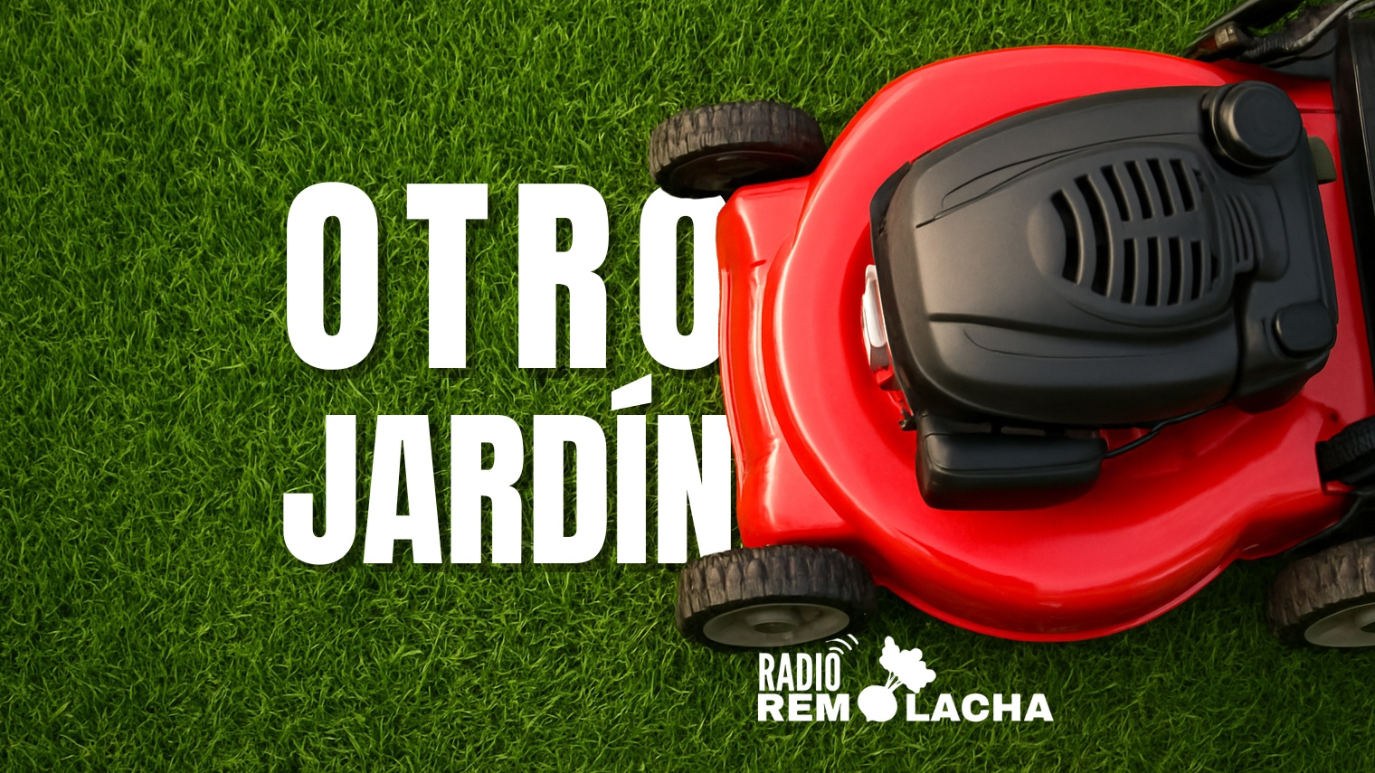 Otro jardín, se ve un primer plano de un lindo pasto siendo cortado por una máquina roja