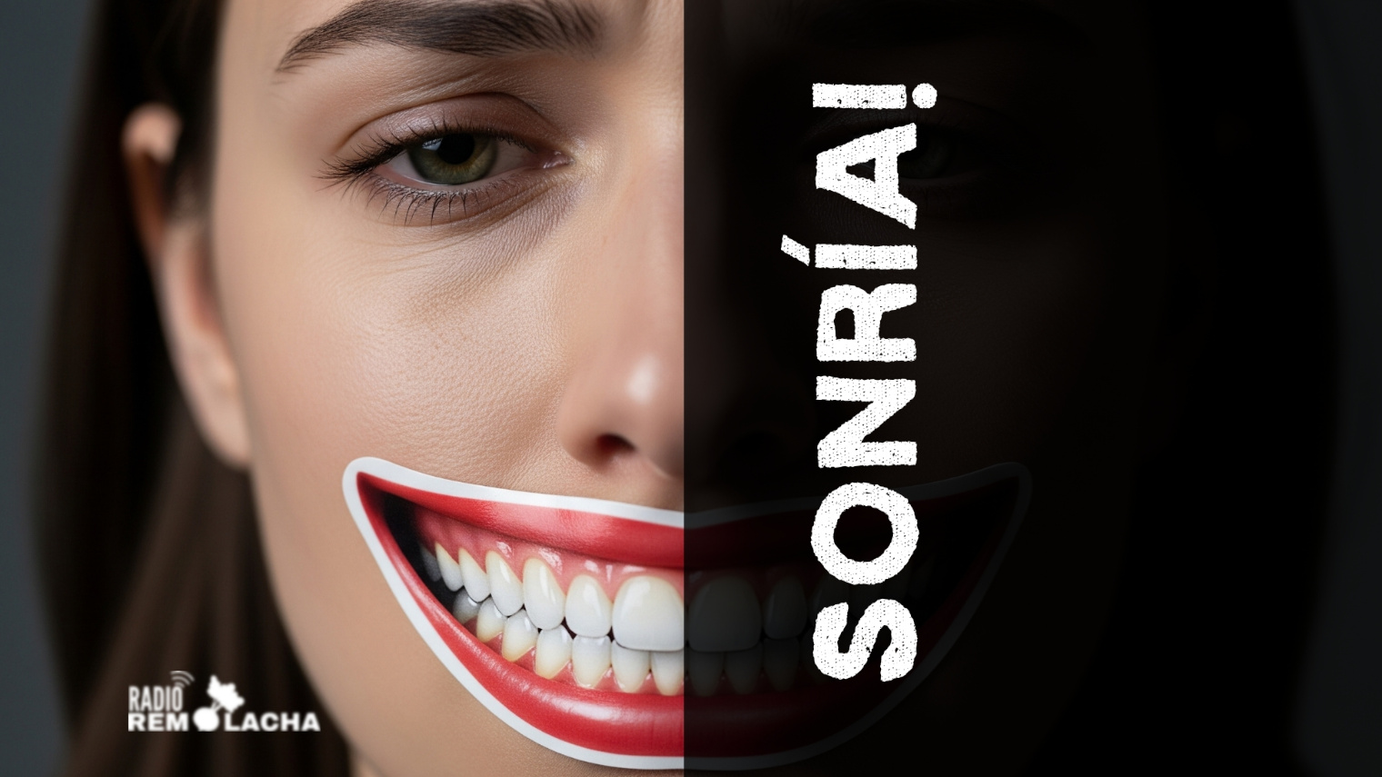 Una mujer que está triste, pero le han pegado una sonrisa falsa sobre su rostro, y el cartel ordena: sonría!