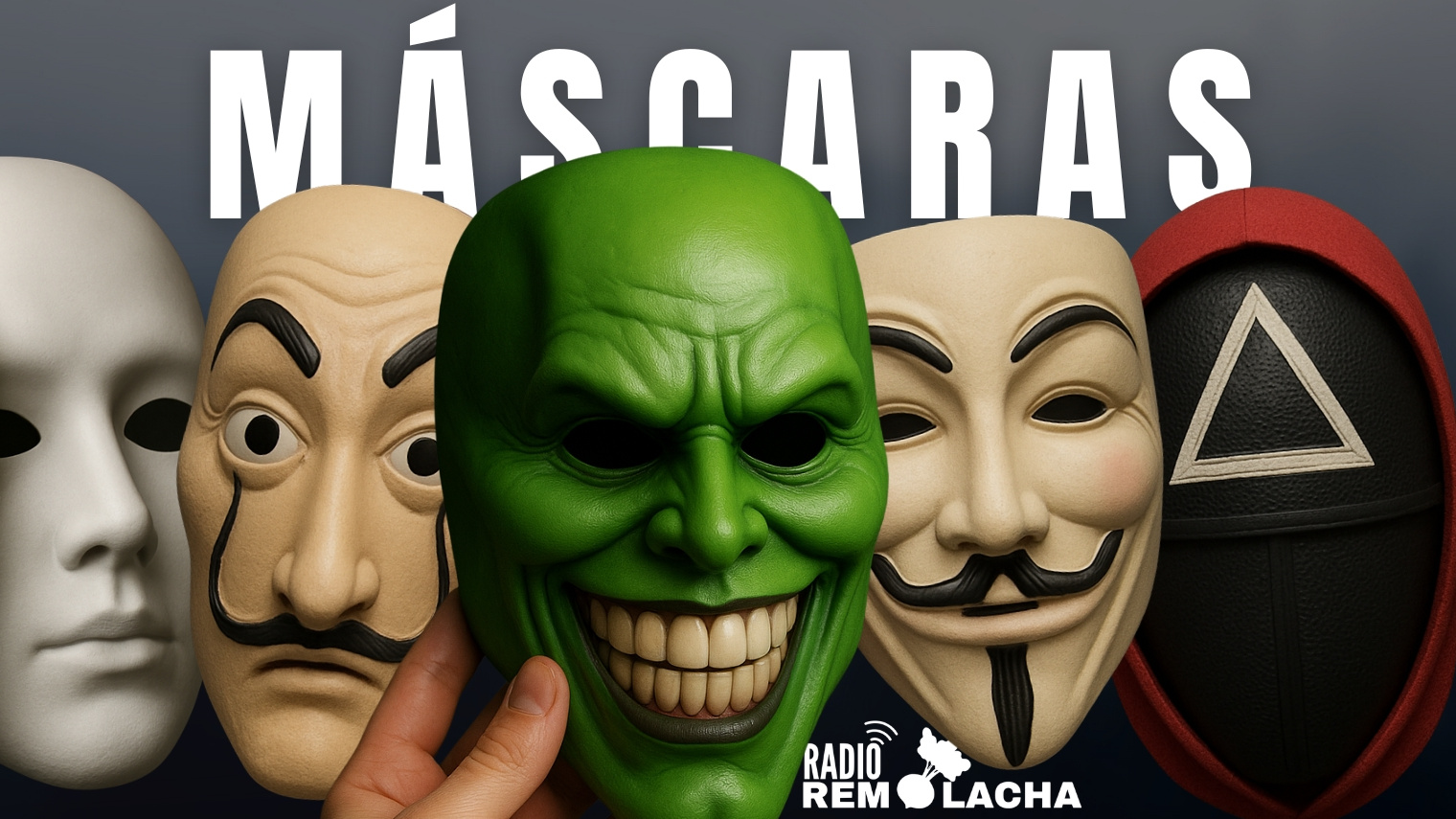 Se observan máscaras diferentes, la de Jim Carrey al centro, luego la de Dalí, la de V de Vendetta, una de un guardia del Juego del Calamar.