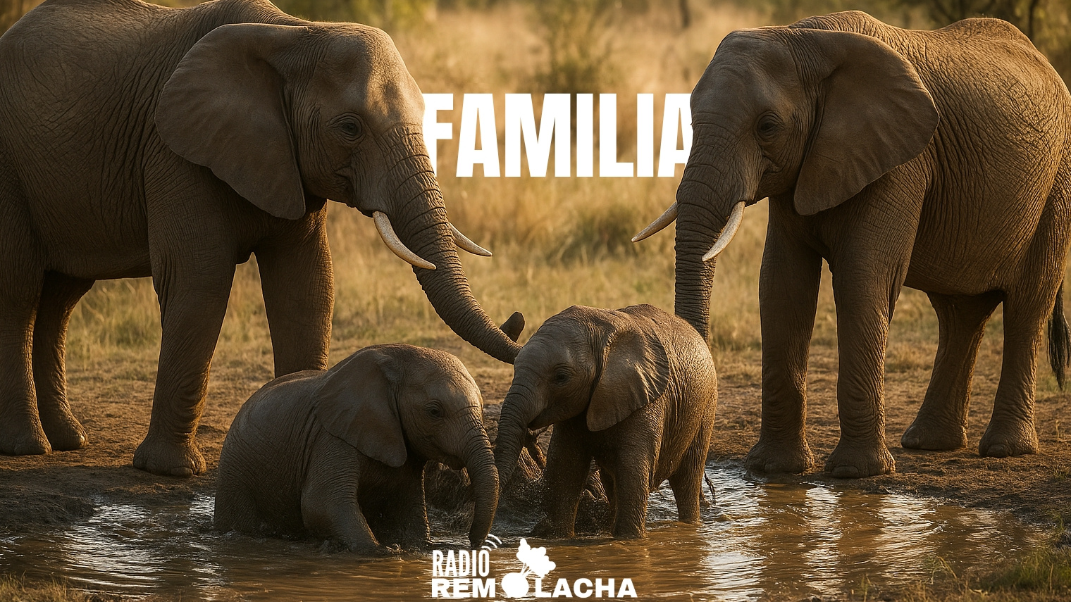 Se observa una familia de elefantes, compuesta por el papá, la mamá y dos crías pequeñas, tomando un baño
