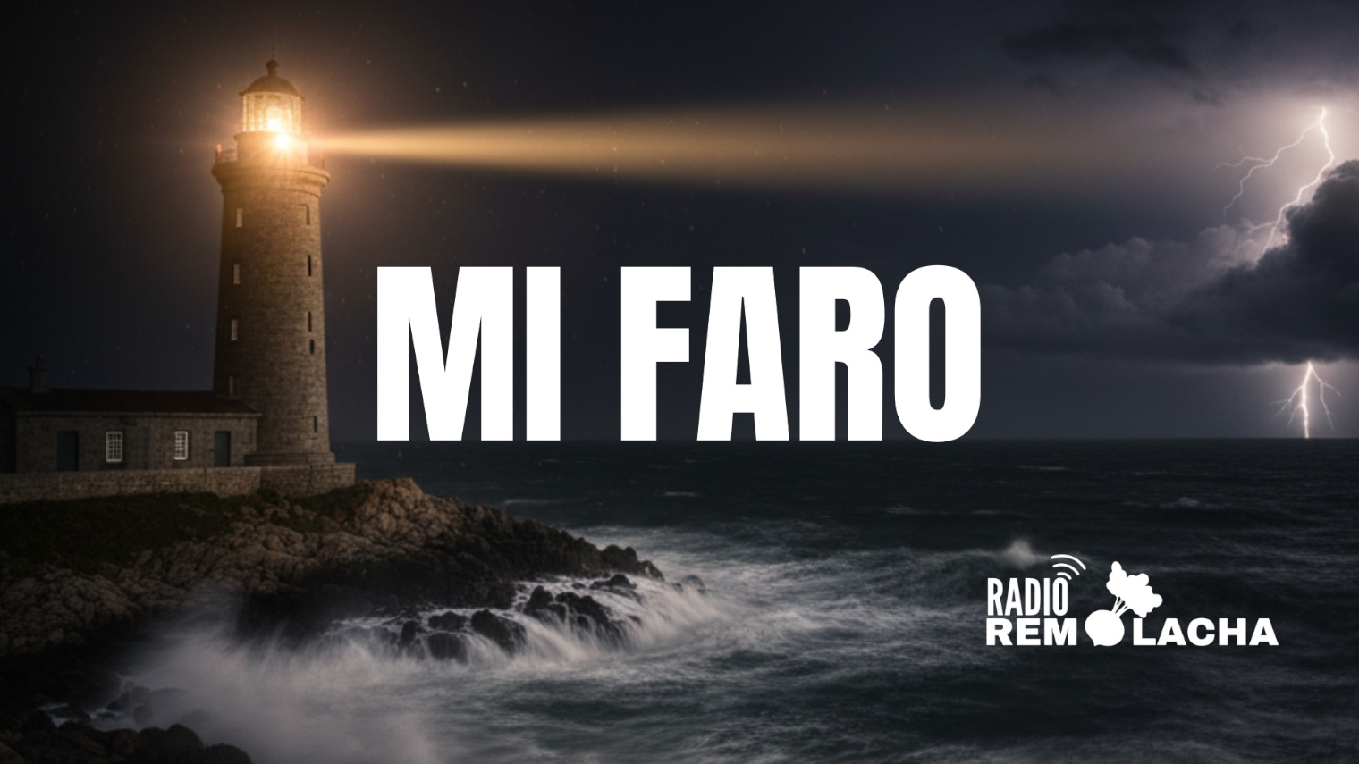 Se observa un faro iluminando en medio de una fuerte tormenta nocturna