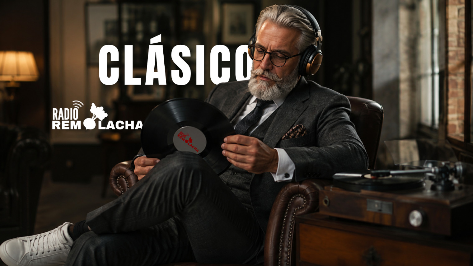 Un señor vestido de traje a punto de escuchar un disco clasico