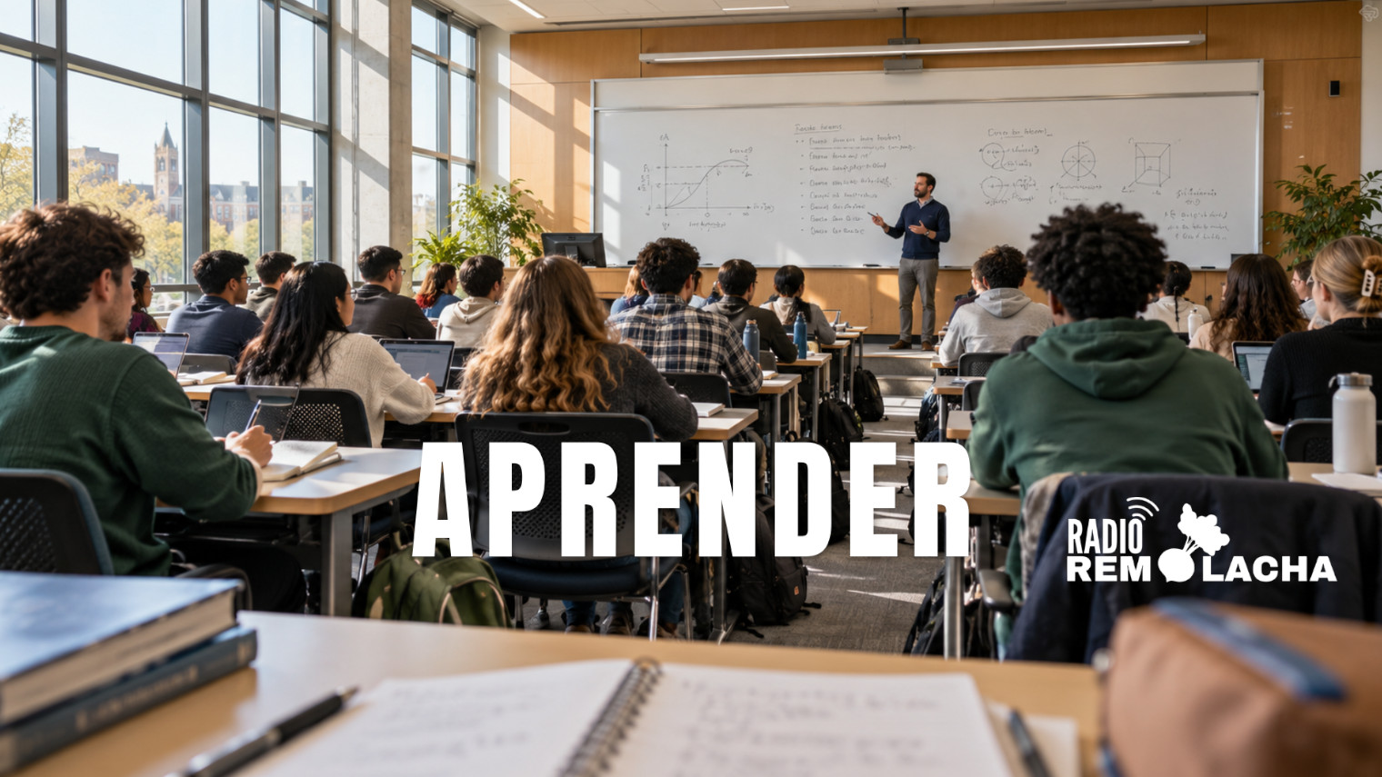 un aula llena de estudiantes junto a su profe